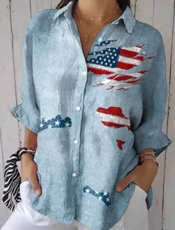 Women's Patriotic Shirt Graphic Flower USA Vintage Tropical Daily Regular Tops Work Daily s Print Navy Blue Light Blue Spring
