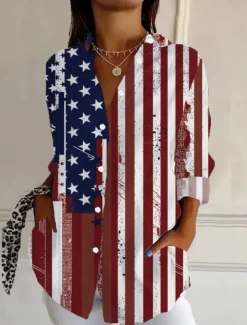 Women's Patriotic Shirt Graphic Flag Vintage Tropical Stylish Regular Tops Work Daily s Print Black White Red Light Blue Fall