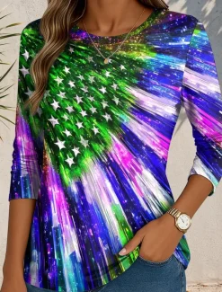 Women's Patriotic T Shirt Graphic Flag Abstract Vintage Stylish Classic Round Neck Regular Tops Daily Print Blue Purple Green Fall