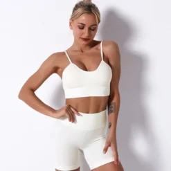 Women's 2pcs Workout Sets Solid Color Shorts Bra Top Clothing Suit Light Green Cream Spandex Yoga Fitness Gym Workout Tummy Control Butt Lift Breathable Sleeveless Sport Activewear Stretchy Slim