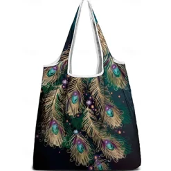 Women's Peacock Print Folding Tote Bag - Large Capacity Reusable Shopping Bag with Elegant Watercolor Design, Lightweight and Stylish, Great for Daily Use, Travel and Eco-friendly Shopping
