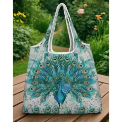 Women's Peacock Print Folding Tote Bag - Large Capacity Reusable Shopping Bag with Elegant Watercolor Design, Lightweight and Stylish, Great for Daily Use, Travel and Eco-friendly Shopping