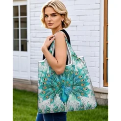 Women's Peacock Print Folding Tote Bag - Large Capacity Reusable Shopping Bag with Elegant Watercolor Design, Lightweight and Stylish, Great for Daily Use, Travel and Eco-friendly Shopping