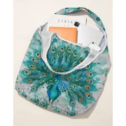 Women's Peacock Print Folding Tote Bag - Large Capacity Reusable Shopping Bag with Elegant Watercolor Design, Lightweight and Stylish, Great for Daily Use, Travel and Eco-friendly Shopping