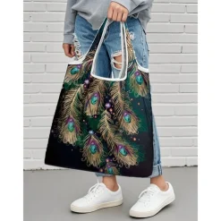 Women's Peacock Print Folding Tote Bag - Large Capacity Reusable Shopping Bag with Elegant Watercolor Design, Lightweight and Stylish, Great for Daily Use, Travel and Eco-friendly Shopping