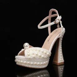 Women's Pearl-Embellished Platform High Heels - Luxury Wedding Shoes with Ankle Strap and Chunky Heel Design