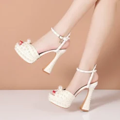 Women's Pearl-Embellished Platform High Heels - Luxury Wedding Shoes with Ankle Strap and Chunky Heel Design