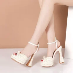 Women's Pearl-Embellished Platform High Heels - Luxury Wedding Shoes with Ankle Strap and Chunky Heel Design
