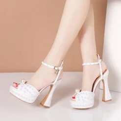 Women's Pearl-Embellished Platform High Heels - Luxury Wedding Shoes with Ankle Strap and Chunky Heel Design