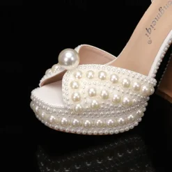 Women's Pearl-Embellished Platform High Heels - Luxury Wedding Shoes with Ankle Strap and Chunky Heel Design