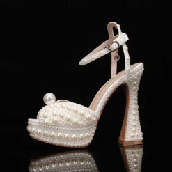 Women's Pearl-Embellished Platform High Heels - Luxury Wedding Shoes with Ankle Strap and Chunky Heel Design