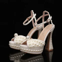 Women's Pearl-Embellished Platform High Heels - Luxury Wedding Shoes with Ankle Strap and Chunky Heel Design