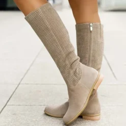 Women's Perforated Suede Knee-High Boots with Zipper - Stylish and Breathable Footwear for Casual Outings and Spring Fashion