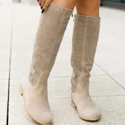 Women's Perforated Suede Knee-High Boots with Zipper - Stylish and Breathable Footwear for Casual Outings and Spring Fashion