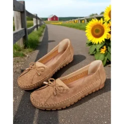 Women's Pink Bow Moccasin Flats – Lightweight Casual Driving Loafers for Daily Errands, Garden Walks and Cottagecore Outfits