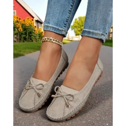 Women's Pink Bow Moccasin Flats – Lightweight Casual Driving Loafers for Daily Errands, Garden Walks and Cottagecore Outfits