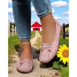 Women's Pink Bow Moccasin Flats – Lightweight Casual Driving Loafers for Daily Errands, Garden Walks and Cottagecore Outfits