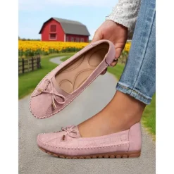 Women's Pink Bow Moccasin Flats – Lightweight Casual Driving Loafers for Daily Errands, Garden Walks and Cottagecore Outfits