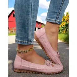Women's Pink Bow Moccasin Flats – Lightweight Casual Driving Loafers for Daily Errands, Garden Walks and Cottagecore Outfits