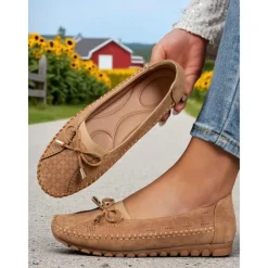 Women's Pink Bow Moccasin Flats – Lightweight Casual Driving Loafers for Daily Errands, Garden Walks and Cottagecore Outfits