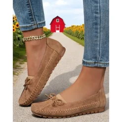 Women's Pink Bow Moccasin Flats – Lightweight Casual Driving Loafers for Daily Errands, Garden Walks and Cottagecore Outfits