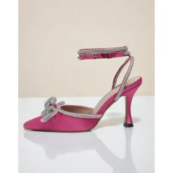 Women's Pink Glitter Ankle Strap Heels with Rhinestone Bows - Pointed Toe Dress Shoes for Cocktail Party and Evening Events