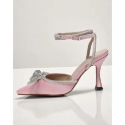 Women's Pink Glitter Ankle Strap Heels with Rhinestone Bows - Pointed Toe Dress Shoes for Cocktail Party and Evening Events