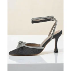 Women's Pink Glitter Ankle Strap Heels with Rhinestone Bows - Pointed Toe Dress Shoes for Cocktail Party and Evening Events