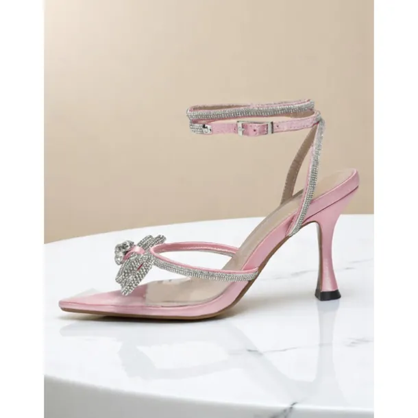 Women's Pink Glitter Ankle Strap Heels with Rhinestone Bows - Pointed Toe Dress Shoes for Cocktail Party and Evening Events