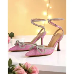 Women's Pink Glitter Ankle Strap Heels with Rhinestone Bows - Pointed Toe Dress Shoes for Cocktail Party and Evening Events
