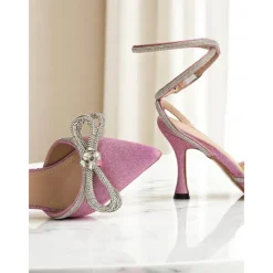 Women's Pink Glitter Ankle Strap Heels with Rhinestone Bows - Pointed Toe Dress Shoes for Cocktail Party and Evening Events