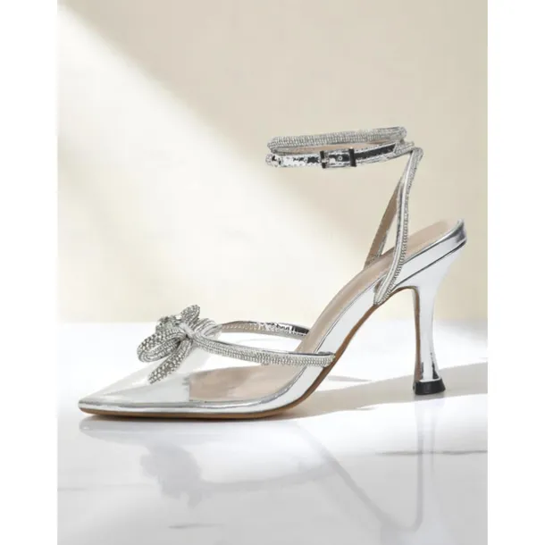 Women's Pink Glitter Ankle Strap Heels with Rhinestone Bows - Pointed Toe Dress Shoes for Cocktail Party and Evening Events