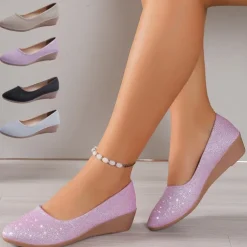 Women's Pink Glitter Wedge Flats – Comfortable Slip-On Sparkly Flats for Casual Outings, Parties, and Everyday Wear