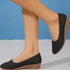 Women's Pink Glitter Wedge Flats – Comfortable Slip-On Sparkly Flats for Casual Outings, Parties, and Everyday Wear