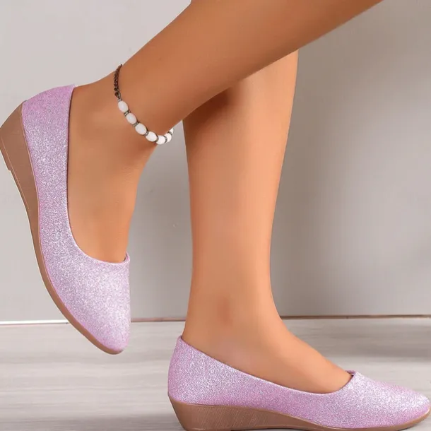 Women's Pink Glitter Wedge Flats – Comfortable Slip-On Sparkly Flats for Casual Outings, Parties, and Everyday Wear