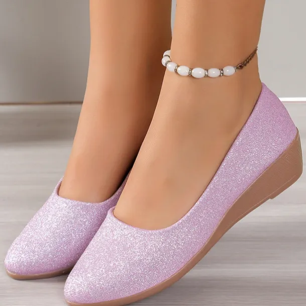 Women's Pink Glitter Wedge Flats – Comfortable Slip-On Sparkly Flats for Casual Outings, Parties, and Everyday Wear