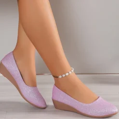 Women's Pink Glitter Wedge Flats – Comfortable Slip-On Sparkly Flats for Casual Outings, Parties, and Everyday Wear