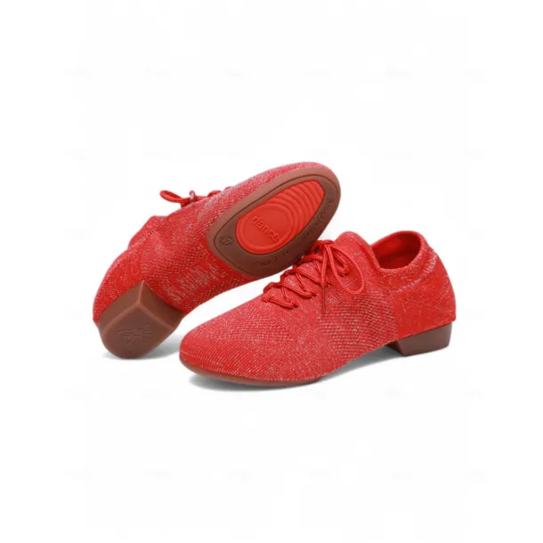 Women's Pink Knit Lace-Up Dance Shoes with Low Heel – Comfortable Casual & Ballroom Shoes