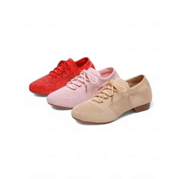 Women's Pink Knit Lace-Up Dance Shoes with Low Heel – Comfortable Casual & Ballroom Shoes