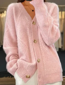 Women's Pink Long Cardigan V Neck Cable Knit Knitted Fall Winter Work Elegant Fashion Daily Long Sleeve Solid Color Pink Camel