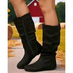 Women's Pink Mid Calf Flat Boots with Side Zipper Casual Slouch Boots for Autumn Days, Country Homes and Outdoor Errands
