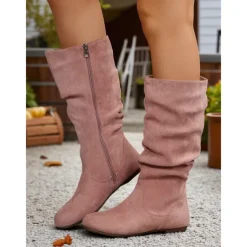 Women's Pink Mid Calf Flat Boots with Side Zipper Casual Slouch Boots for Autumn Days, Country Homes and Outdoor Errands