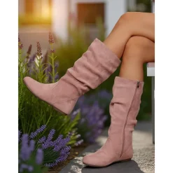 Women's Pink Mid Calf Flat Boots with Side Zipper Casual Slouch Boots for Autumn Days, Country Homes and Outdoor Errands