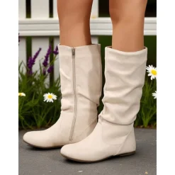 Women's Pink Mid Calf Flat Boots with Side Zipper Casual Slouch Boots for Autumn Days, Country Homes and Outdoor Errands