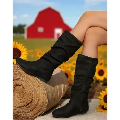 Women's Pink Mid Calf Flat Boots with Side Zipper Casual Slouch Boots for Autumn Days, Country Homes and Outdoor Errands