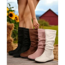 Women's Pink Mid Calf Flat Boots with Side Zipper Casual Slouch Boots for Autumn Days, Country Homes and Outdoor Errands