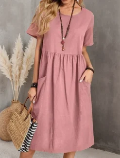 Women's Pink Navy Blue Brown Summer Spring Midi Dress Linen-Inspired Dresses Cotton Linen Dress A Line Dress Casual Daily Weekend Loose Fit Plain Crew Neck