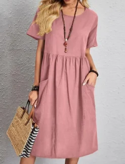 Women's Pink Navy Blue Brown Summer Spring Midi Dress Linen-Inspired Dresses Cotton Linen Dress A Line Dress Casual Daily Weekend Loose Fit Plain Crew Neck