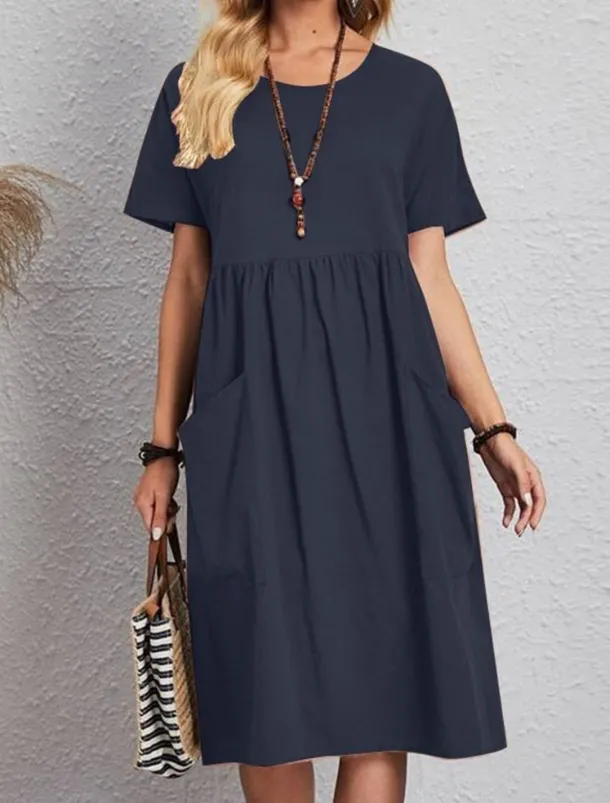 Women's Pink Navy Blue Brown Summer Spring Midi Dress Linen-Inspired Dresses Cotton Linen Dress A Line Dress Casual Daily Weekend Loose Fit Plain Crew Neck