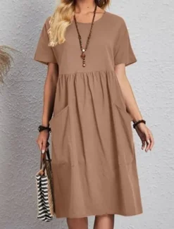 Women's Pink Navy Blue Brown Summer Spring Midi Dress Linen-Inspired Dresses Cotton Linen Dress A Line Dress Casual Daily Weekend Loose Fit Plain Crew Neck